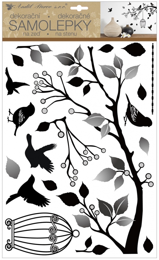 Samolepky na zeď větev s klecí se stříbrnými glitry 29 x 48 cm 