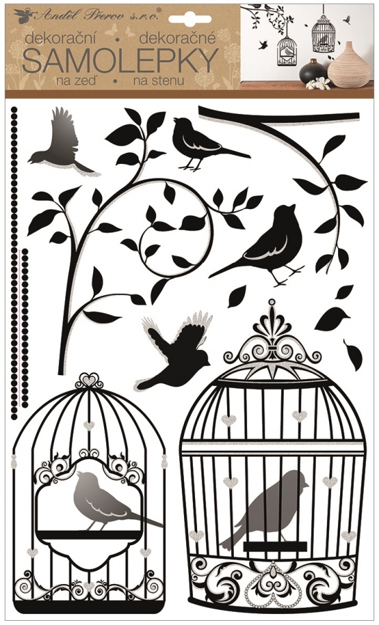 Samolepky na zeď klece s ptáčky se stříbrnými glitry 29 x 48 cm 