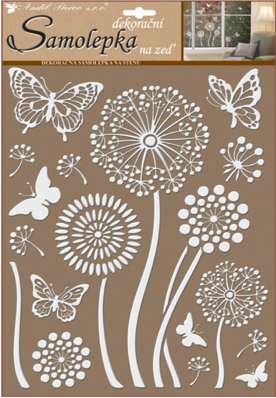 Samolepky na zeď bílé květiny s glitry 35 x 27,5 cm 