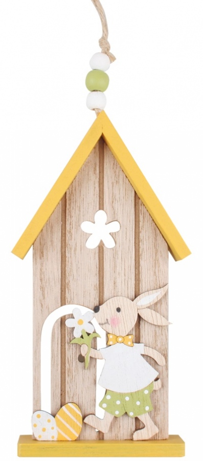 Domeček se zajíčkem žlutý na zavěšení 16 cm
