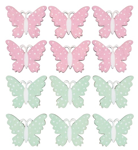 Dřevění motýlci s lepíkem 3 cm, 12 ks v sáčku