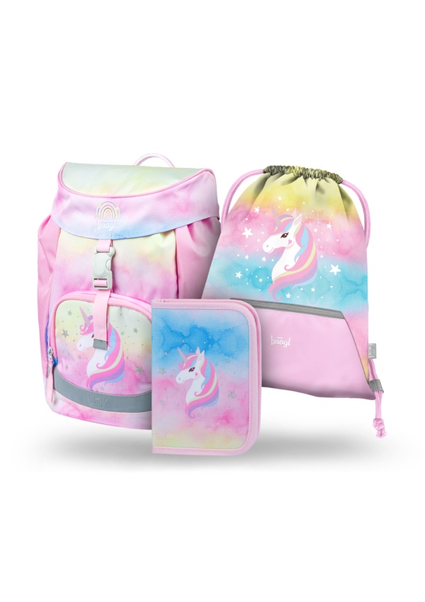 BAAGL SET 3 Airy Rainbow Unicorn: aktovka, penál, sáček