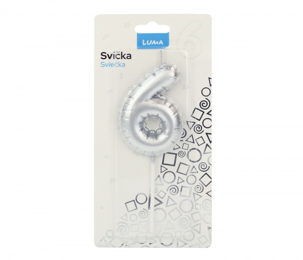 Levně Svíčka č. 6 balónek STŘÍBRNÝ LUMA