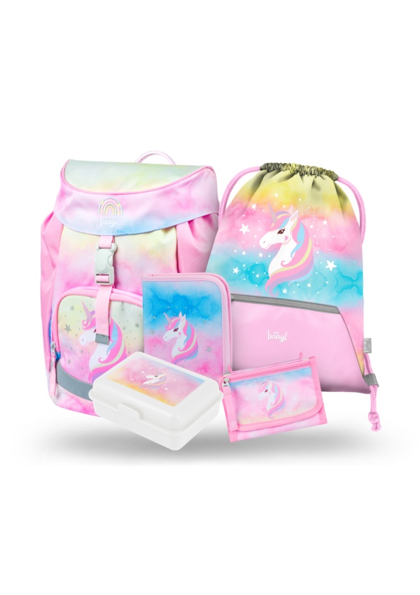 BAAGL SET 5 Airy Rainbow Unicorn: batoh, penál, sáček, peněženka, box
