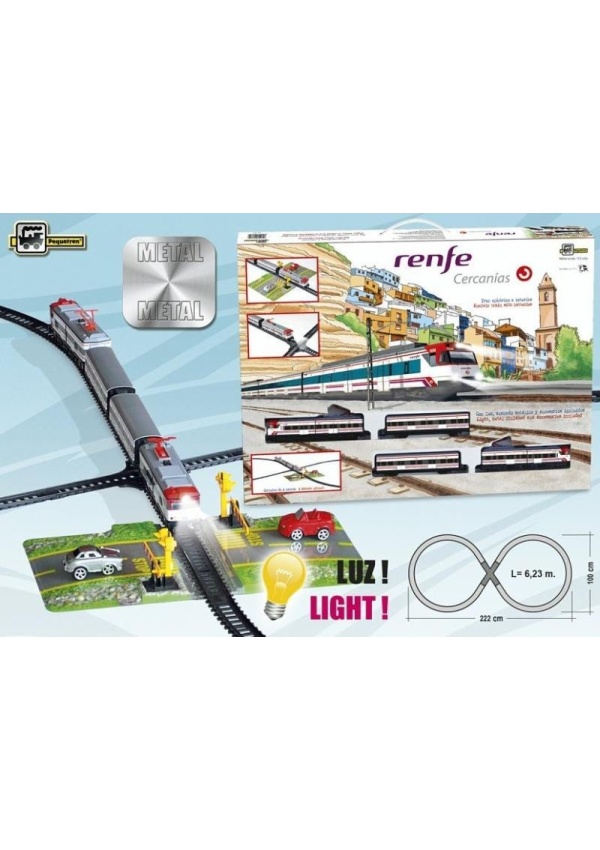 Příměstský vlak Renfe s křížením železnice a přejezdem se závorami