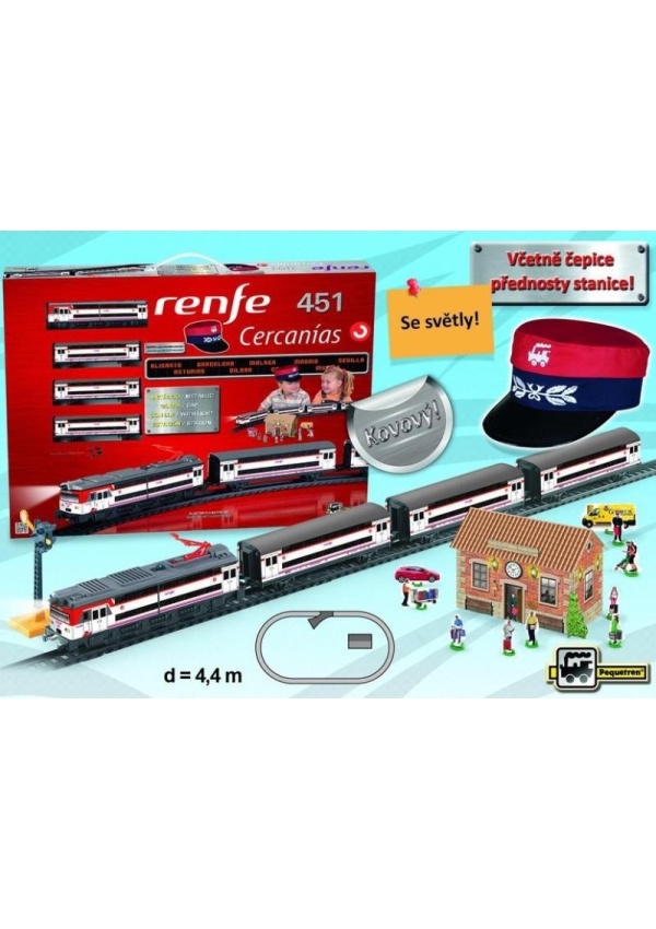 Příměstský vlak Renfe se stanicí a čepicí výpravčího