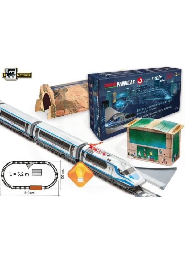 Vysokorychlostní vlak Renfe Ave Pequetren 404 s horským tunelem a stanicí