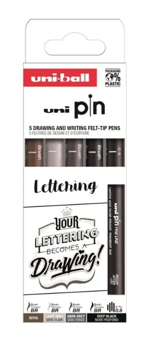 UNI PIN Lettering 5 ks Sada brush pens UNI