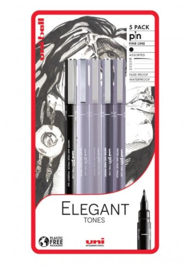 UNI PIN fine liner, sada 5 ks odstíny šedé