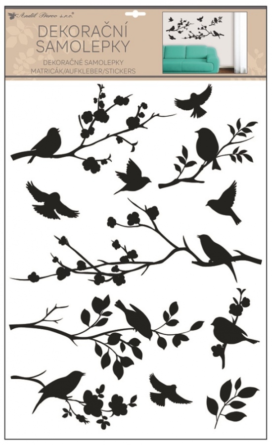 Samolepka na zeď černá větev s ptáčky 42 x 60 cm Anděl Přerov s.r.o.