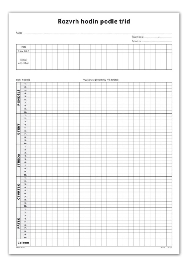 Rozvrh hodin podle tříd, list A3