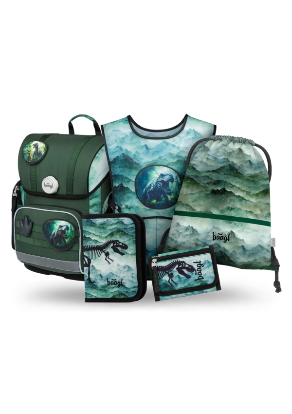 BAAGL SET 5 Ergo Dino: aktovka, penál, sáček, zástěra, peněženka