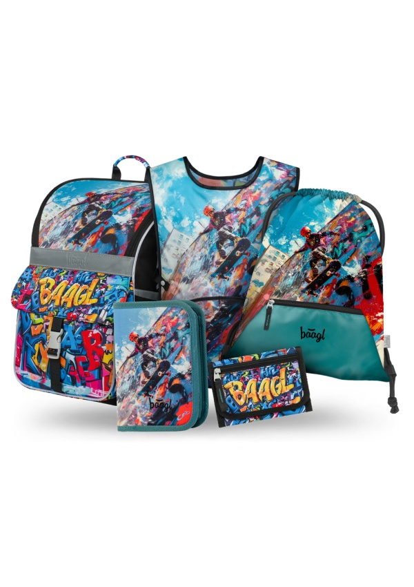 BAAGL SET 5 Zippy Skatepark: aktovka, penál, sáček, zástěra, peněženka