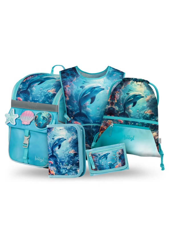 BAAGL SET 5 Zippy Delfín: aktovka, penál, sáček, zástěra, peněženka