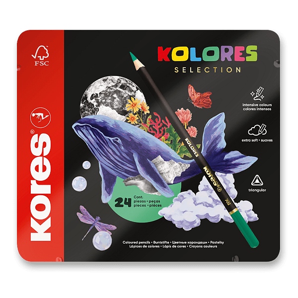 Levně Trojhranné pastelky Kores Kolores Selection plechová krabička, 24 barev