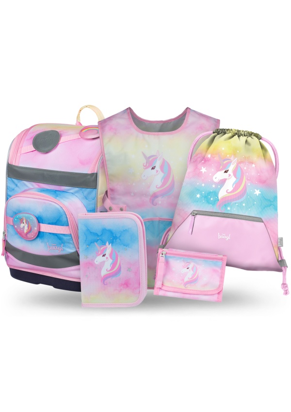 BAAGL SET 5 Zippy Plus Rainbow Unicorn: aktovka, penál, sáček, zástěra, peněženka