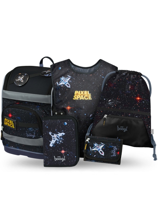 BAAGL SET 5 Zippy Plus Pixel Space: aktovka, penál, sáček, zástěra, peněženka