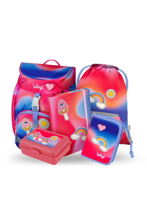 BAAGL 5 SET Airy Duha červený: batoh, penál, sáček, desky, box