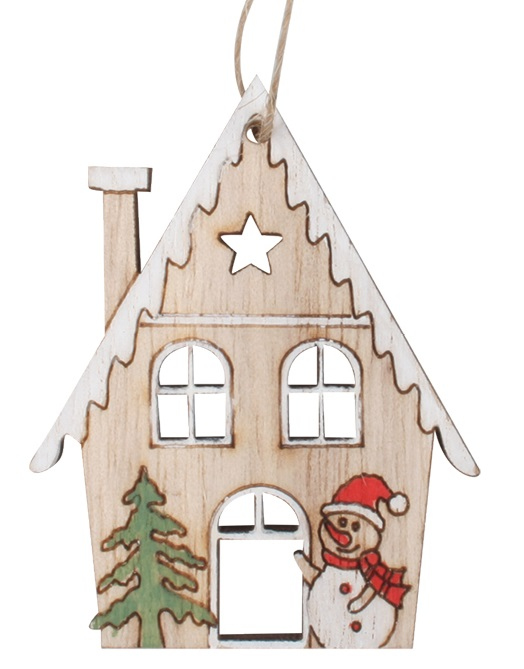 Levně Domek se sněhulákem dřevěný na zavěšení 4,5 x 6 x 0,5 cm, 2 ks v sáčku