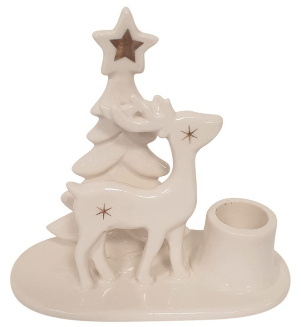 Levně Svícen s jelenem porcelánový 12 x 11 x 6 cm, na svíčku 2,2 cm