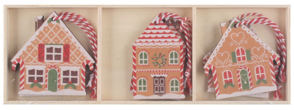 Levně Dřevěné domky barevné na zavěšení cca 6 x 6 x 0,5 cm, 6 ks v krabičce