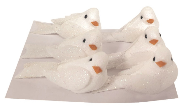Levně Holubičky z polystyrénu s glitrem 5 x 3 x 2,5 cm, 6 ks v sáčku