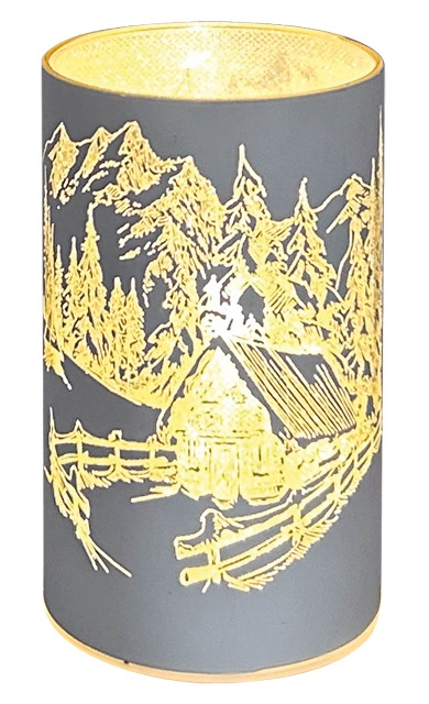 Svítící skleněný válec s horami – šedý, 12,8 x 7,5 cm, studená bílá, 10 LED, časovač