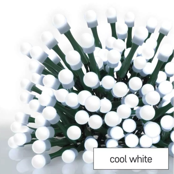 LED vánoční cherry řetěz – kuličky, studená bílá, 8 m, 80 LED, 8 funkcí, časovač