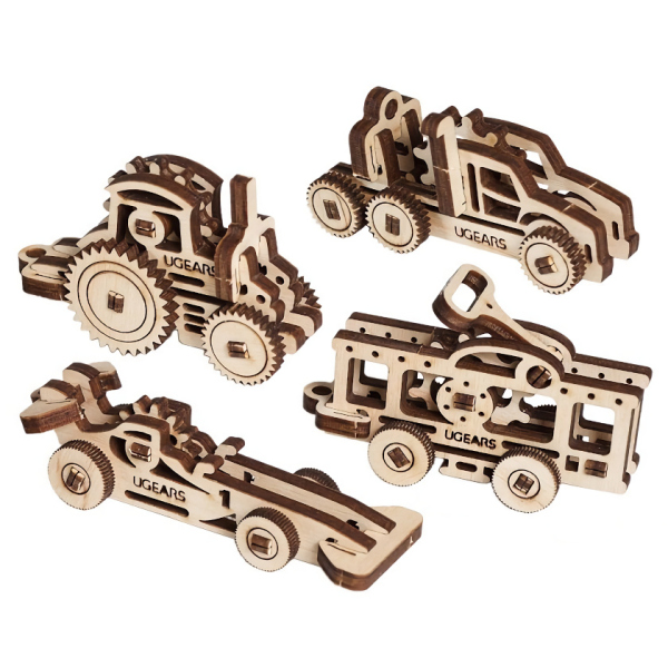 Levně Ugears 3D dřevěné mechanické puzzle 4 mechanické přívěšky Vozidla