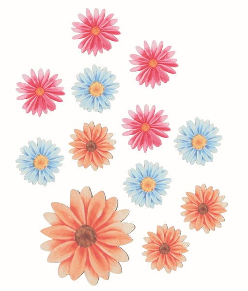 Levně Květiny dřevěné barevné 3,5 x 3,5 x 0,2 cm, 12 ks v sáčku