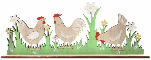 Levně Dekorace Slepice na louce dřevěná 29,5 x 11 x 3 cm na postavení