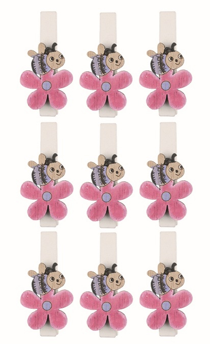 Včelka na kytce fialová dřevěná 2 x 2,5 x 0,3 cm na kolíčku, 9 ks v sáčku