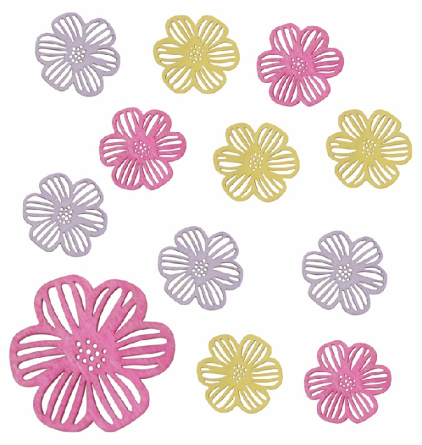 Květiny dřevěné mix tří barev 4 x 4 x 0,3 cm, 12 ks v sáčku