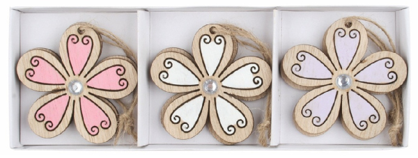 Kytka s kamínkem dřevěná 5,5 x 5,5 x 0,2 cm na zavěšení, 6 ks v krabičce