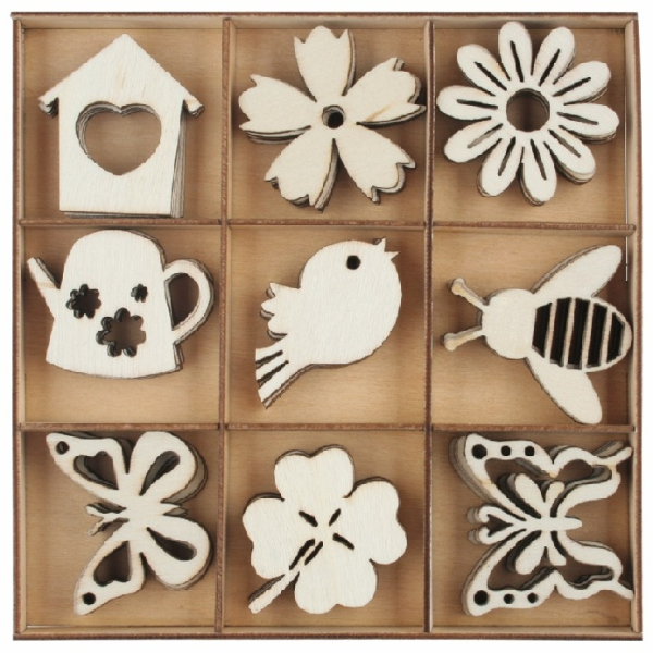 Levně Sada dřevěných dekorací Louka 3,5 x 3 x 0,2 cm, 54 ks