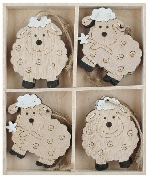 Levně Ovce dřevěná 4,5 x 6 x 0,5 cm na zavěšení, 8 ks v krabičce