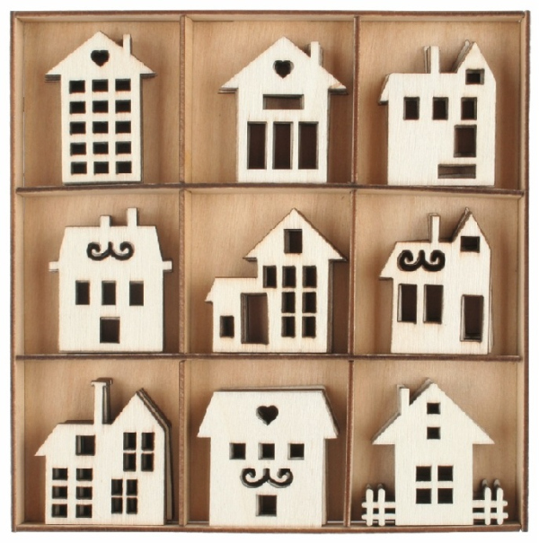 Levně Sada dřevěných dekorací Domy 3,5 x 3 x 0,2 cm, 54 ks