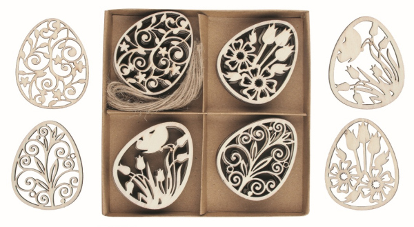 Levně Vajíčka vyřezávaná dřevěná 4 x 5,5 x 0,2 cm, 16 ks v krabičce