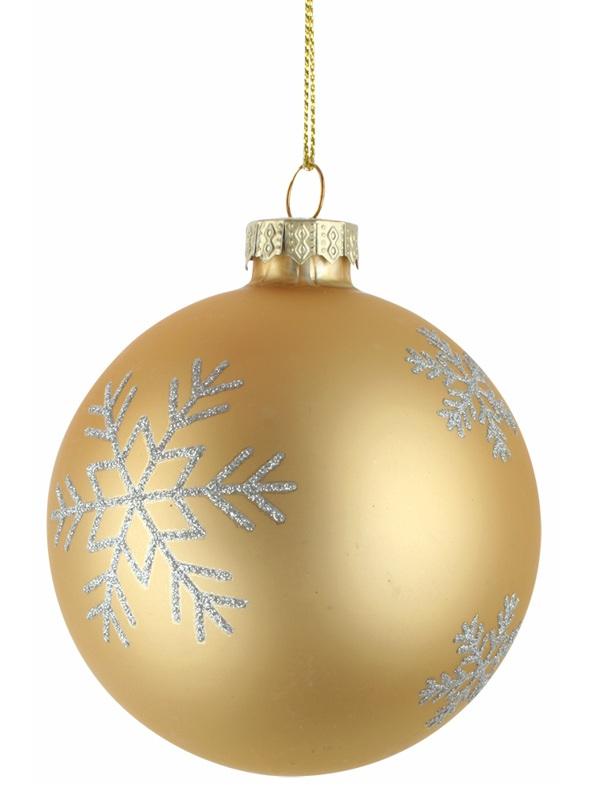 Sada skleněných baněk 8 cm, 4 ks v balení, zlatá s vločkou