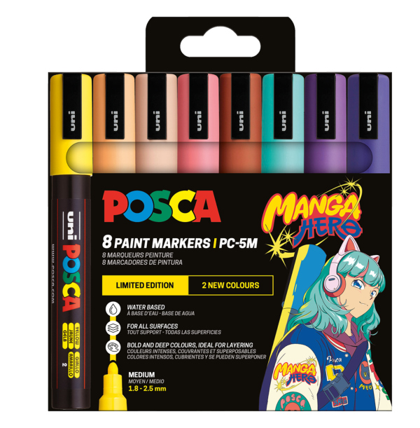 Levně Posca sada popisovačů PC-5M, Manga Hero - Limitovaná edice, 1,8 - 2,5 mm, mix barev (8 ks)