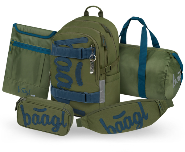 BAAGL SET 5 Skate Olive: batoh, penál, sportovní taška, ledvinka, obal na notebook GRS