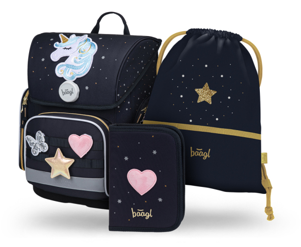 BAAGL SET 3 Ergo Unicorn Gold: aktovka, penál, sáček