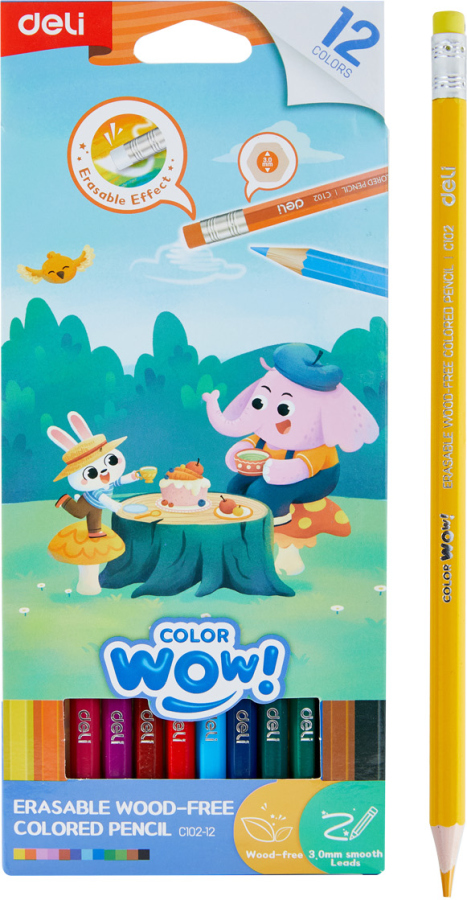 Levně Pastelky DELI bezdřevé šestihranné s gumou 12 barev WOW EC102-12