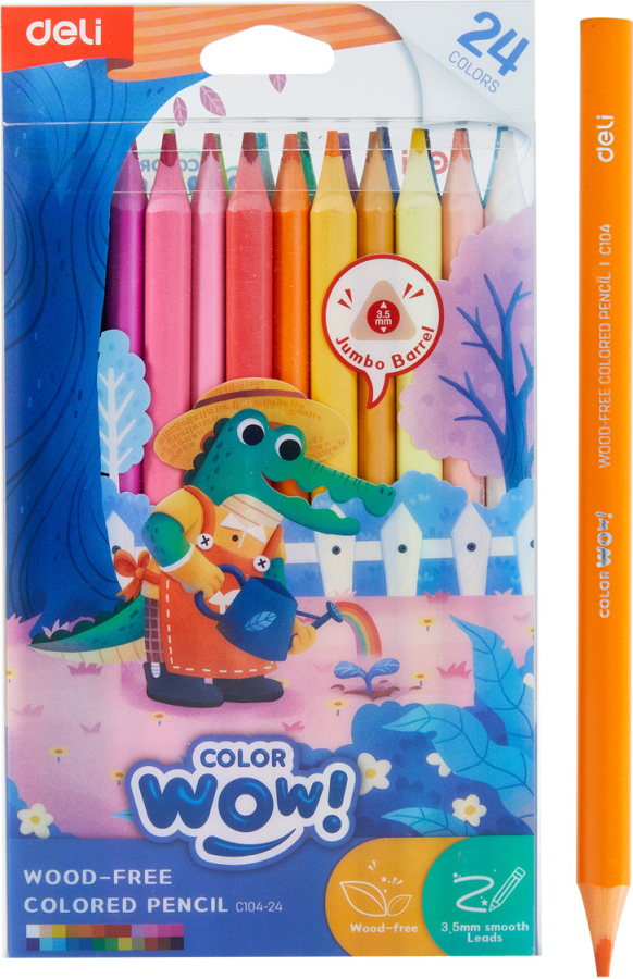 Pastelky DELI bezdřevé trojhranné JUMBO 24 barev WOW EC104-24