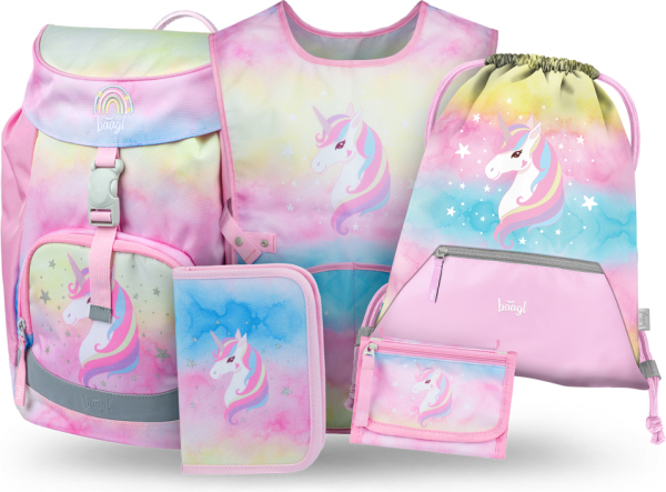 Levně BAAGL SET 5 Airy Rainbow Unicorn: batoh, penál, sáček, zástěra, peněženka