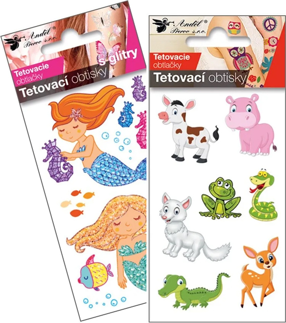Sada – Tetovací obtisky s glitry 10,5 x 6 cm - mořské panny + veselá zvířátka