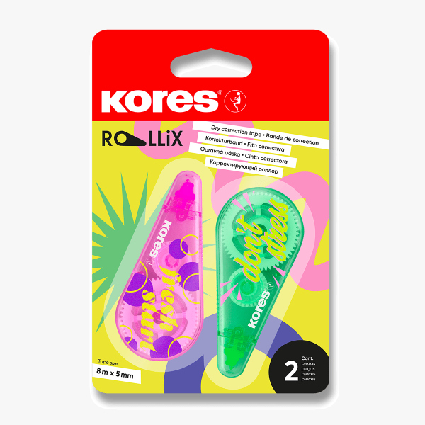Korekční strojek Kores ROLLiX - 2 ks, 8m x 5mm, mix barev
