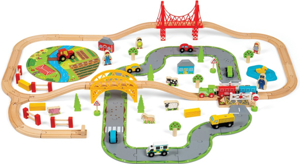 Levně Bigjigs Rail Dřevěná vláčkodráha s venkovskou cestou 80 dílů