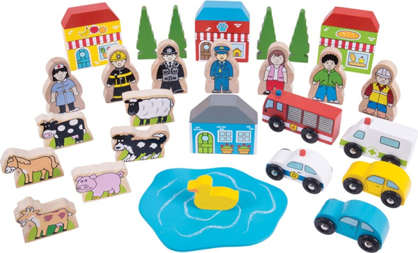 Levně Bigjigs Rail Velká sada příslušenství dřevěné vláčkodráhy