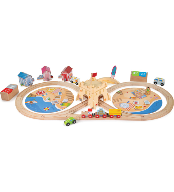 Levně Bigjigs Rail Dřevěná vláčkodráha Úklid pobřeží 70 dílů